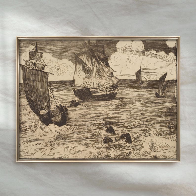 May include: A framed sepia-toned print depicting several sailboats navigating choppy waters. The artwork features detailed linework, capturing the movement of the waves and the billowing sails. The print is encased in a gold-colored frame, adding a touch of elegance to the nautical scene.
