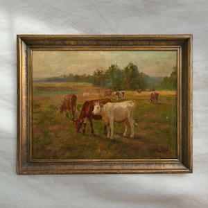 Vintage Cow Landscape Painting | Antique Grazing Cattle Wall Art | Rustic Farm Meadow Decor | Mailed Print