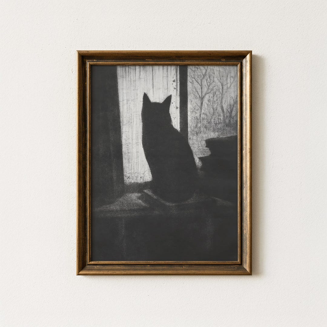 Vintage Black Cat Painting | Minimalist Feline Wall Art | Moody Dark ...