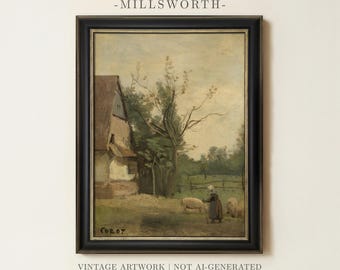 Vintage Shepherd Cottage Painting | Antique Countryside Artwork | Rustic Farmhouse Wall Decor | Framed Art