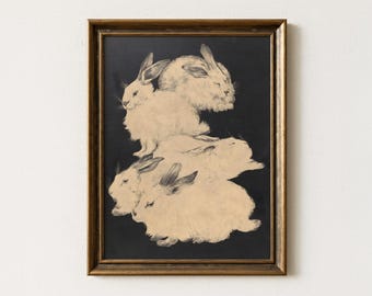 Vintage White Rabbits Painting | Antique Rabbit Artwork | Rustic Farmhouse Wall Decor | Mailed Print