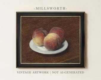 Vintage Peaches Still Life Painting | Antique Fruit Artwork | Rustic Kitchen Wall Decor | Framed Art