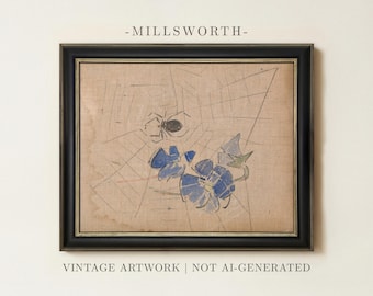 May include: A framed artwork titled MILLSWORTH featuring a sketch of a spider on a web with blue flowers on a tan background. The piece is enclosed in a black frame with gold inner trim. The text VINTAGE ARTWORK | NOT AI-GENERATED is visible below.