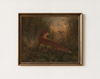 Vintage Fox Painting | Rustic Animal Country Wall Decor | Antique Cottagecore Landscape Artwork | Mailed Print
