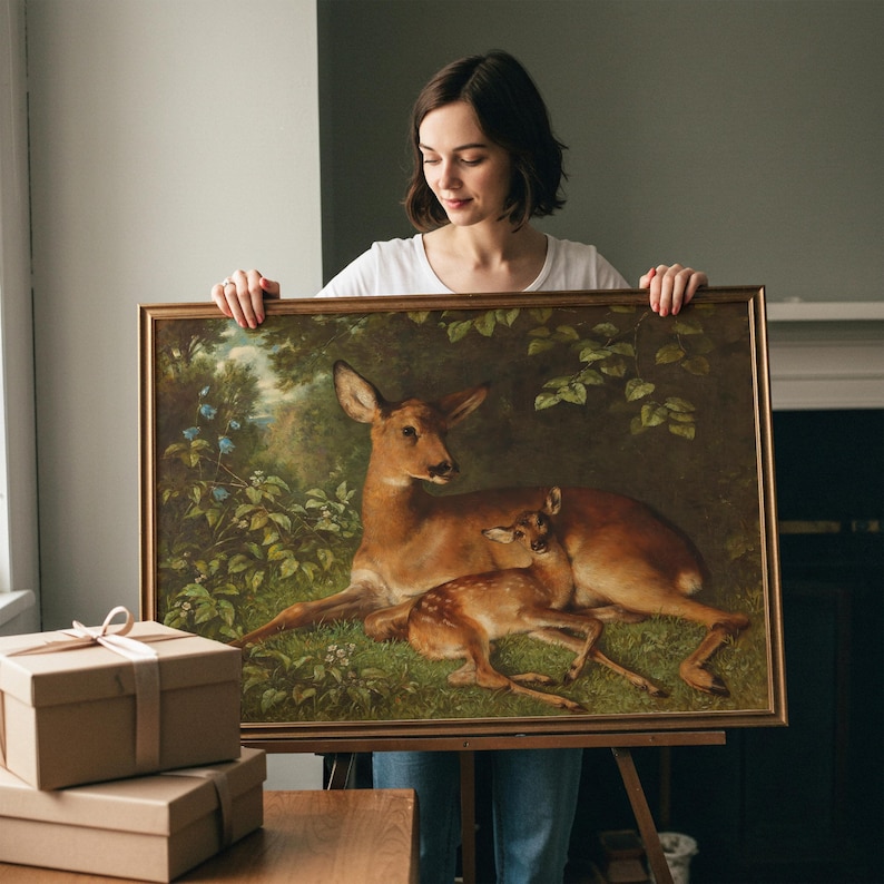 Antique Deer Painting | Rustic Wildlife Wall Decor | Vintage Woodland Fawn Artwork | Framed Art image 2