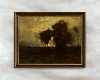 Vintage Dark Autumn Painting | Antique Landscape Wall Art | Rustic Countryside Tree Home Decor | Mailed Print