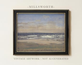 May include: A framed landscape painting titled MILLSWORTH depicting a coastal scene with a sandy beach, dark blue ocean waves, and a cloudy sky. The artwork is enclosed in a black frame with a thin gold inner border. Text reads MILLSWORTH.