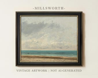 Vintage Coastal Seascape Painting | Muted Cloudy Sky Wall Art | Neutral Beach Landscape Decor | Framed Art