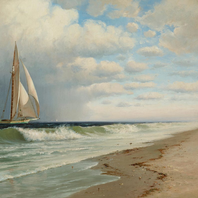 Vintage Coastal Sailboat Painting | Seascape Ocean Artwork | Rustic Nautical Beach Decor | Mailed Print image 6