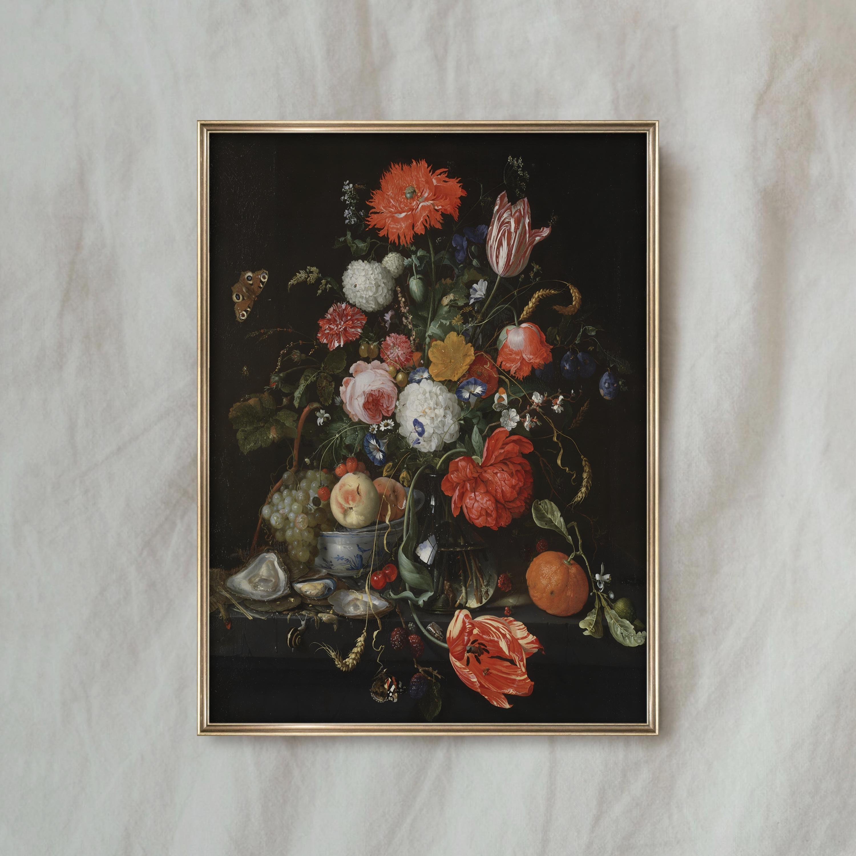 Vintage Floral Still Life Painting | Antique Botanical Artwork | Dark ...