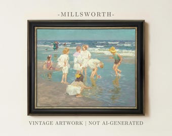 May include: A framed oil painting titled MILLSWORTH featuring a beach scene with children playing in the shallow surf. The artwork depicts figures in light-colored clothing wading in blue water under a clear sky. VINTAGE ARTWORK | NOT AI-GENERATED.