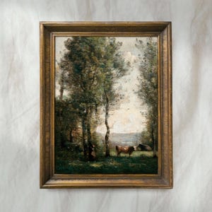 Vintage Cows Forest Painting | Rustic Pasture Farm Scene | Antique Country Landscape Artwork | Mailed Print