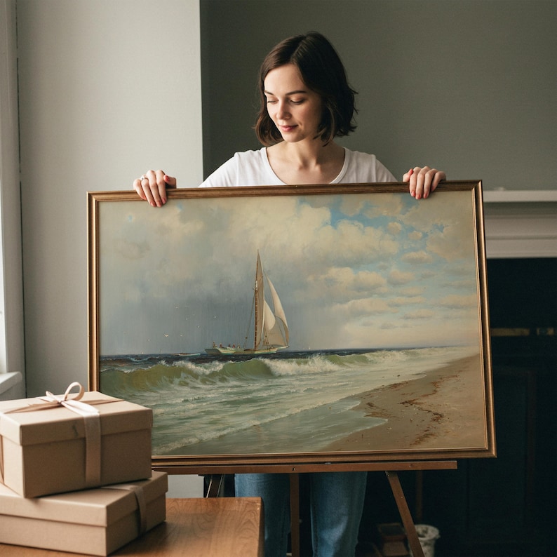 Vintage Coastal Sailboat Painting | Seascape Ocean Artwork | Rustic Nautical Beach Decor | Mailed Print image 2