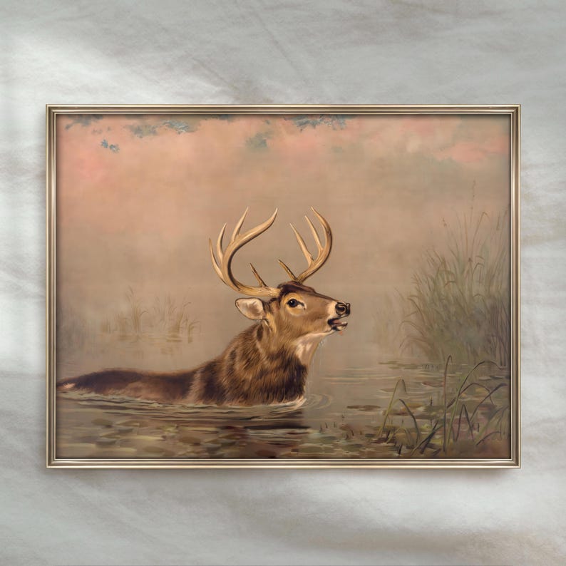 Vintage Deer Painting | Rustic Wildlife Wall Art | Antique Hunting ...
