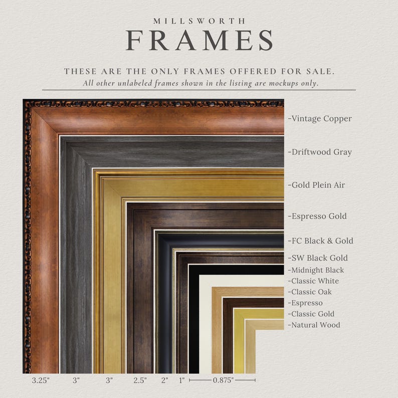 The image is a collage of various framed artworks, each with different colors and styles, showcasing a range of options for customers to choose from.
