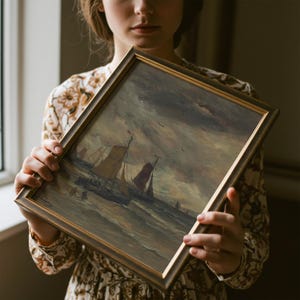Vintage Moody Seascape Painting | Antique Sailboat Ocean Artwork | Rustic Coastal Wall Decor | Mailed Print image 7