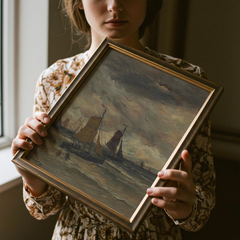 Vintage Moody Seascape Painting | Antique Sailboat Ocean Artwork | Rustic Coastal Wall Decor | Mailed Print image 7