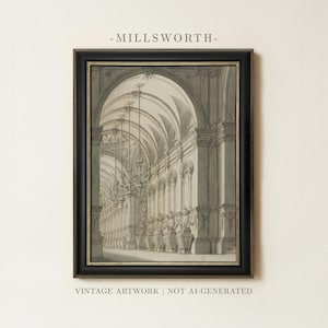 May include: A framed architectural drawing in black and white depicting a long, vaulted gallery with ornate columns, hanging chandeliers, and decorative urns along the wall. The text MILLSWORTH appears above the frame, and VINTAGE ARTWORK | NOT AI-GENERATED appears below the frame.