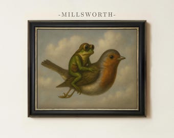 Vintage Frog Riding Bird Painting | Antique Whimsical Home Decor | Fantasy Animal Wall Art | Nursery Kids Room Print | Framed Art