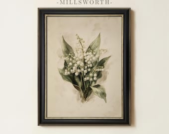 Lily of the Valley Painting | Antique French Floral Wall Art | Neutral Botanical Home Decor | Cottage Garden Flower Print | Framed Art
