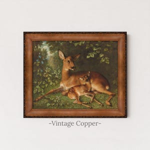 Antique Deer Painting | Rustic Wildlife Wall Decor | Vintage Woodland Fawn Artwork | Framed Art Vintage Copper