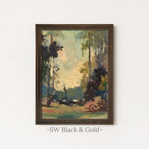 Vintage Woodland Painting | Rustic Landscape Forest Wall Art | Antique Cottagecore Artwork | Framed Art SW Black Gold