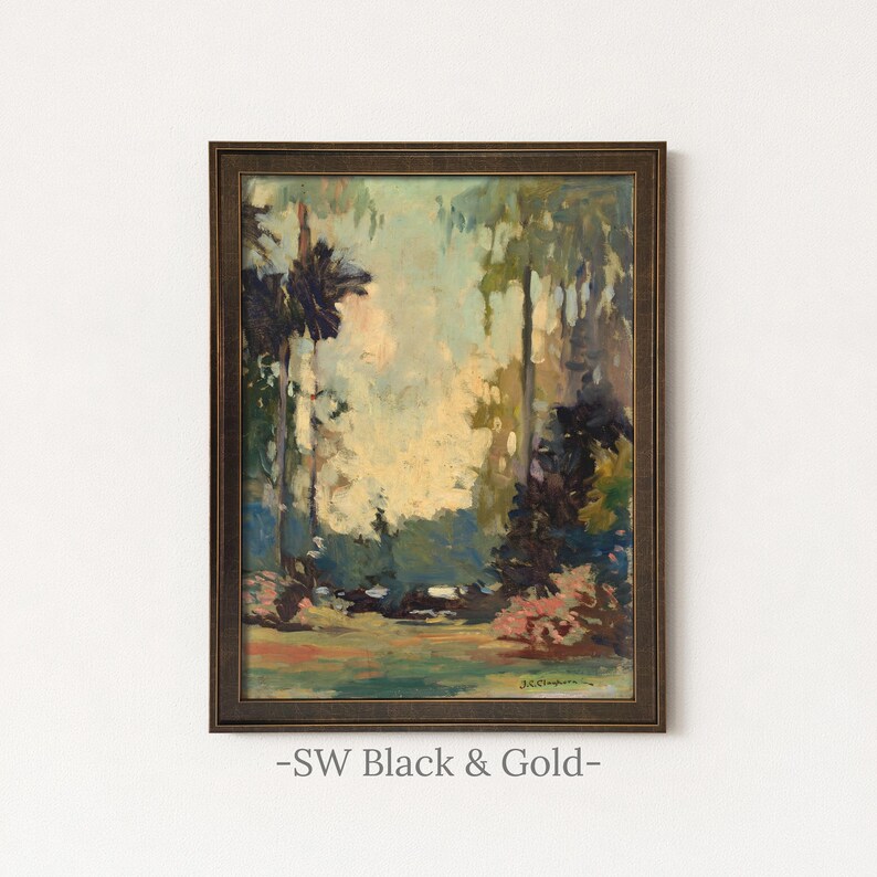 Vintage Woodland Painting | Rustic Landscape Forest Wall Art | Antique Cottagecore Artwork | Framed Art SW Black Gold