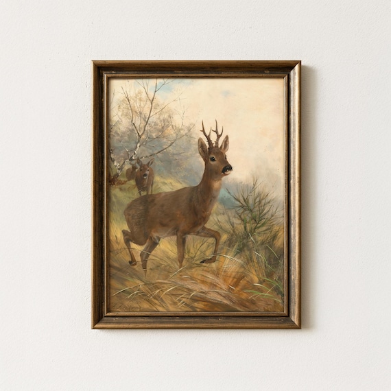 Vintage Deer Painting | Antique Woodland Wildlife Artwork | Rustic Hunting Cabin Wall Art | Mailed Print