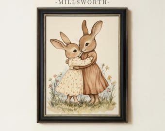 Nursery Bunny Painting | Beige Rabbit Wall Art | Kids Room Cottagecore Animal Home Decor | Framed Art