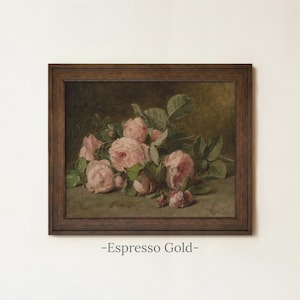 Vintage Pink Roses Painting | Floral Still Life Wall Art | Romantic Botanical Home Decor | Rustic Flower Still Life Print | Framed Art Espresso Gold