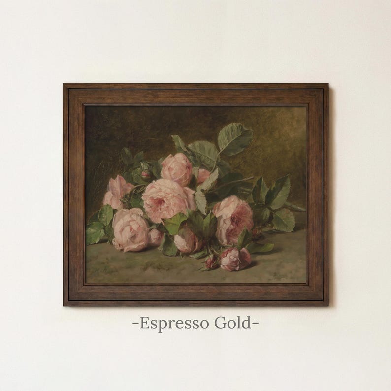 Vintage Pink Roses Painting | Floral Still Life Wall Art | Romantic Botanical Home Decor | Rustic Flower Still Life Print | Framed Art Espresso Gold