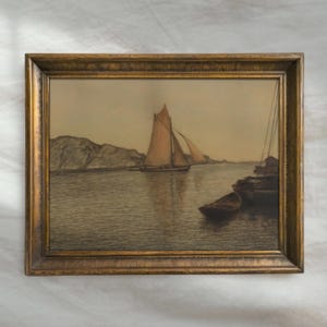 Vintage Muted Seascape Painting | Neutral Sailboat Home Decor | Soft Coastal Wall Art | Mailed Print