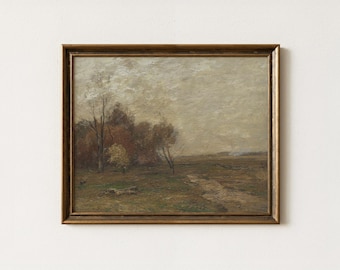 Vintage Moody Landscape Oil Painting | Rustic Countryside Artwork | Muted Farmhouse Scenery | Antique Country Field Decor | Mailed Print