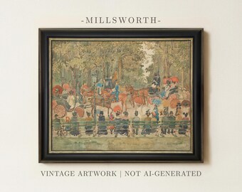 Vintage Parade Carriages Painting | Antique Landscape Wall Decor | Rustic Central Park Artwork | Framed Art