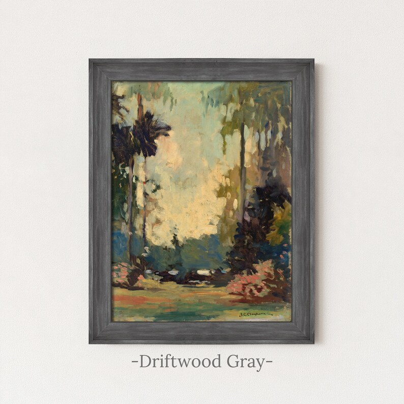 Vintage Woodland Painting | Rustic Landscape Forest Wall Art | Antique Cottagecore Artwork | Framed Art Driftwood Gray
