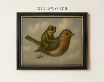 Vintage Frog Riding Bird Painting | Antique Whimsical Home Decor | Fantasy Animal Wall Art | Nursery Kids Room Print | Framed Art