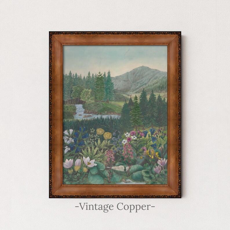 Alpine Wildflower Valley Painting | Vintage Mountain Landscape Wall Art | Botanical Meadow Artwork | Framed Art Vintage Copper