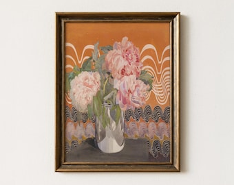 Vintage Pink Peonies Painting | Botanical Flower Home Decor | Antique Floral Wall Art | Mailed Print