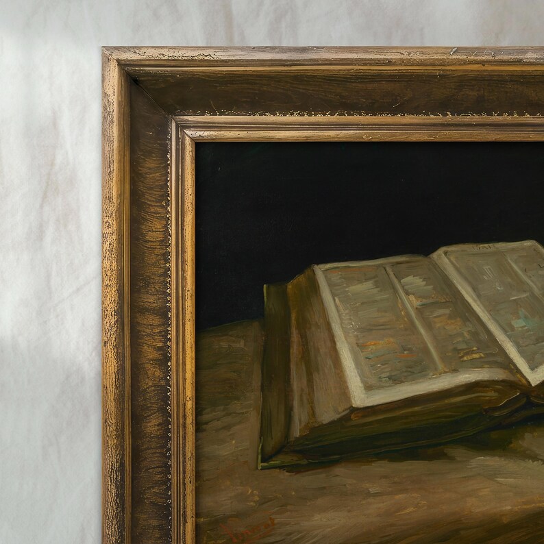 Vintage Bible Still Life Painting | Antique Religious Wall Decor | Rustic Spiritual Artwork | Mailed Print image 3