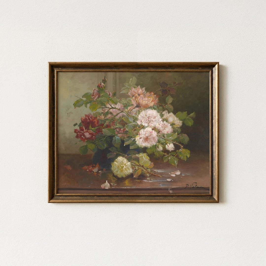 Vintage Rose Painting | Antique Floral Wall Art | Botanical Still Life ...