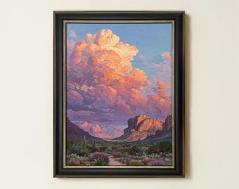 Cloudy Desert Painting | Vintage Southwest Sunset Wall Art | Western Cowboy Home Decor | Framed Art