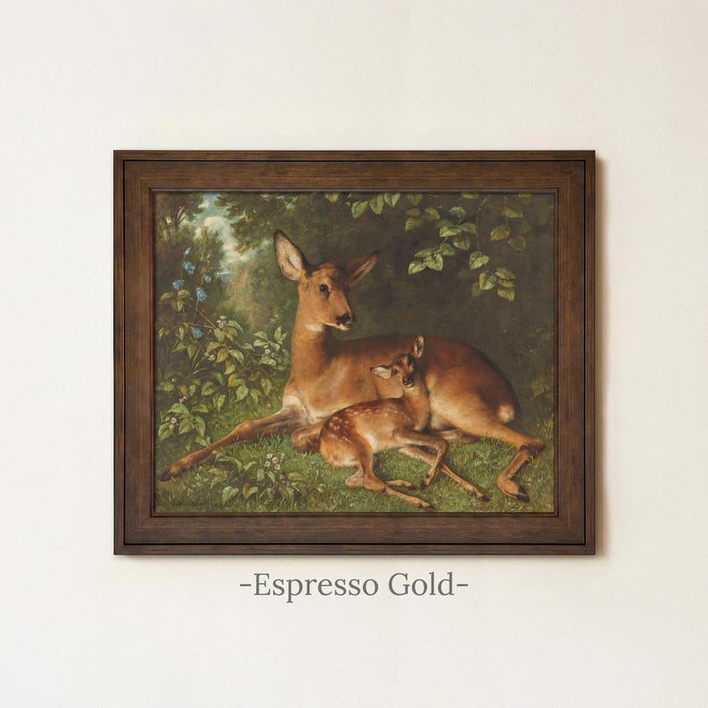 Antique Deer Painting | Rustic Wildlife Wall Decor | Vintage Woodland Fawn Artwork | Framed Art Espresso Gold