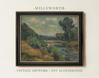Vintage Countryside River Painting | Rustic Landscape Wall Art | Antique Farmhouse Wall Decor | Moody Meadow Nature Artwork | Framed Art