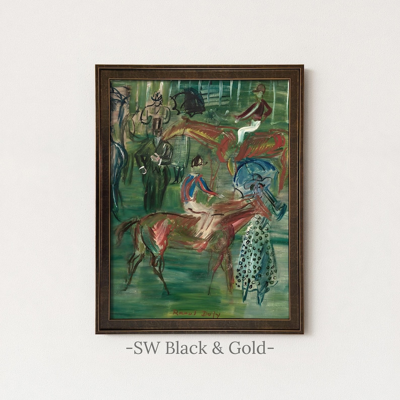 Vintage Equestrian Painting | Antique Abstract Horse Wall Art | Framed Art SW Black Gold