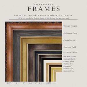 The image is a collage of various framed artworks, each with different colors and styles, showcasing a range of options for customers to choose from.