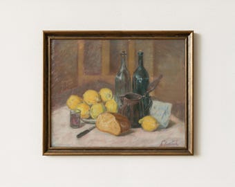 Vintage Kitchen Still Life Painting | Rustic Lemon Dining Room Decor | Antique Fruit Wall Art | Mailed Print