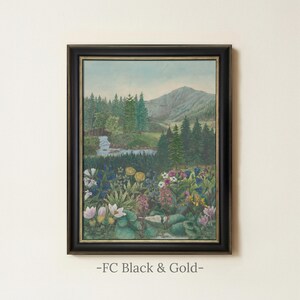 Alpine Wildflower Valley Painting | Vintage Mountain Landscape Wall Art | Botanical Meadow Artwork | Framed Art FC Black & Gold