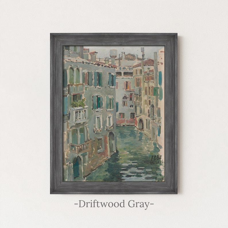 Vintage Venice Canal Painting | Antique European Wall Art | Italian Landscape Home Decor | Framed Art Driftwood Gray