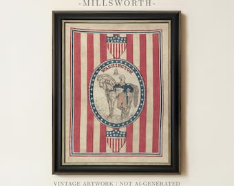 May include: A framed print featuring a central oval illustration of George Washington standing beside a horse, surrounded by red and white vertical stripes and blue shield motifs. The text MILLSWORTH appears at the top, with VINTAGE ARTWORK NOT AI-GENERATED at the bottom. The artwork is enclosed in a black frame.