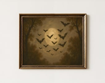 Vintage Moonlit Bats Painting | Antique Gothic Wall Art | Dark Academia Home Decor | Mailed Print
